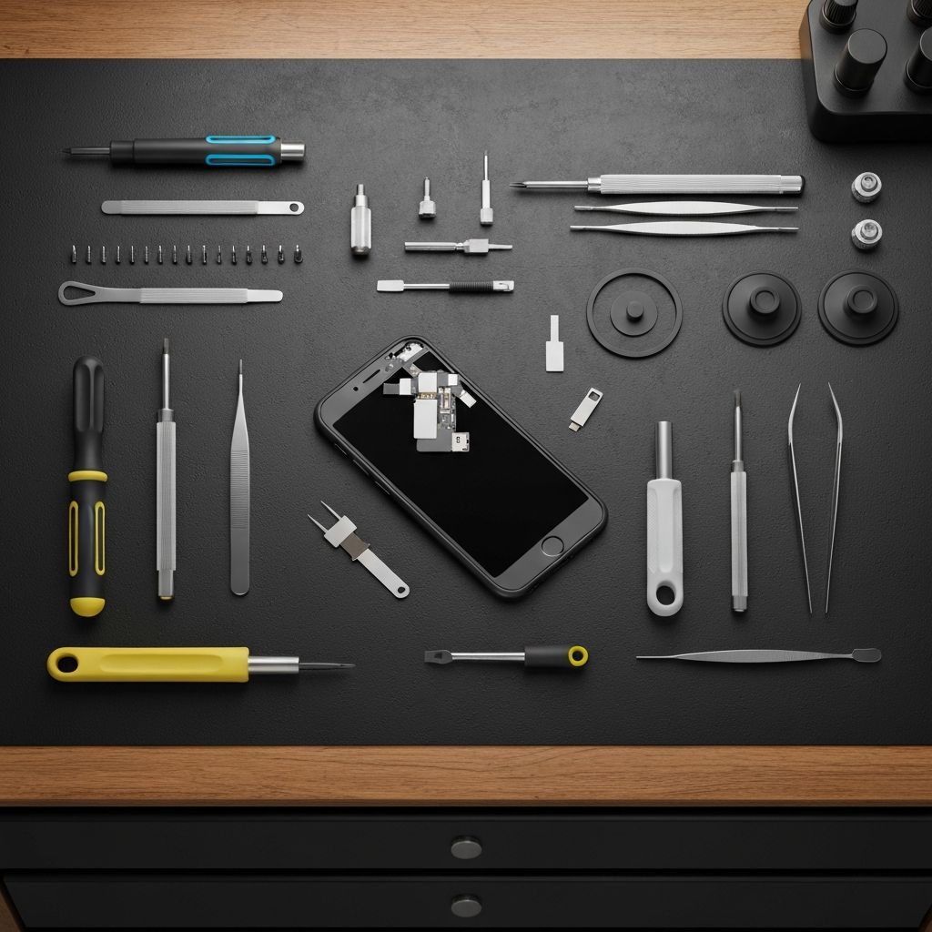 Professional smartphone repair tools laid out on a workshop bench