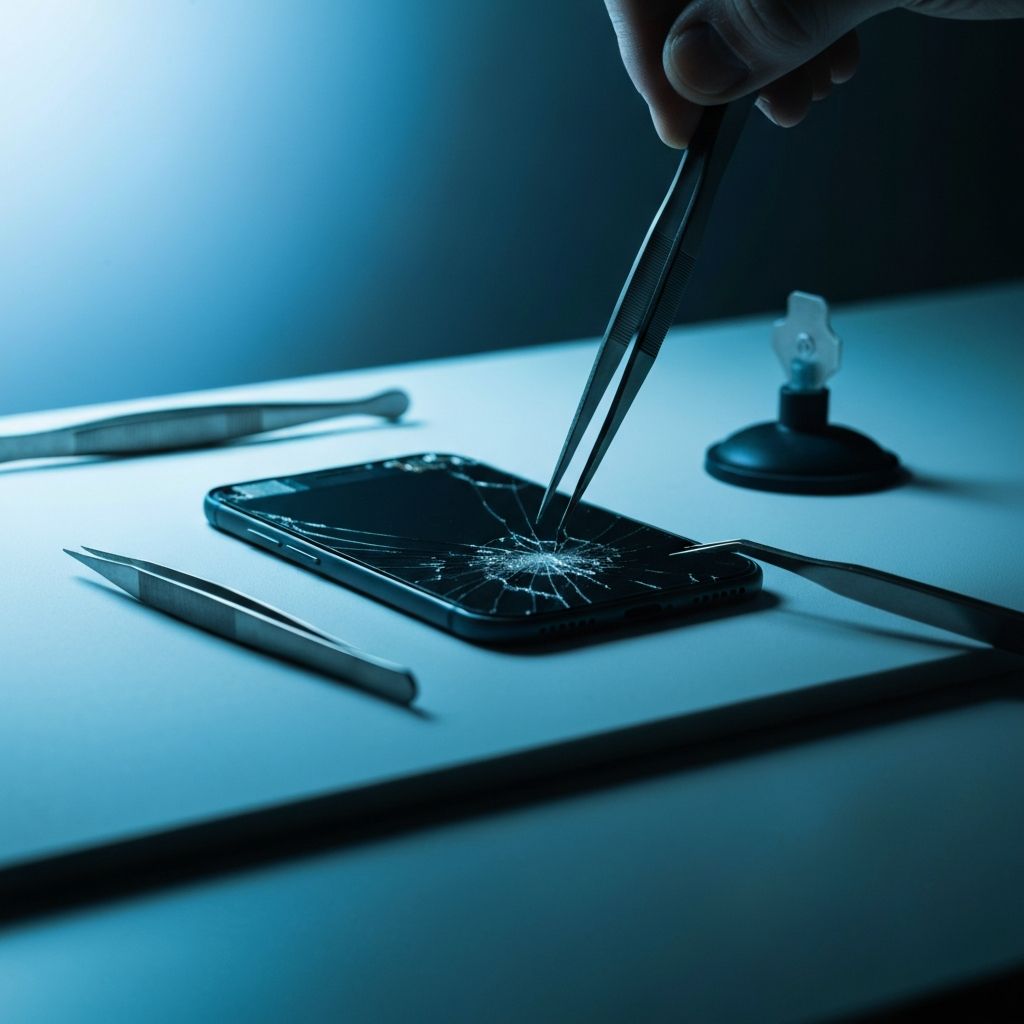 Smartphone repair workshop with professional tools and equipment